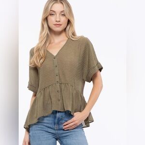 NWT Blu Pepper Olive Green Striped Peplum Spice of Life Button-Down Top - Large